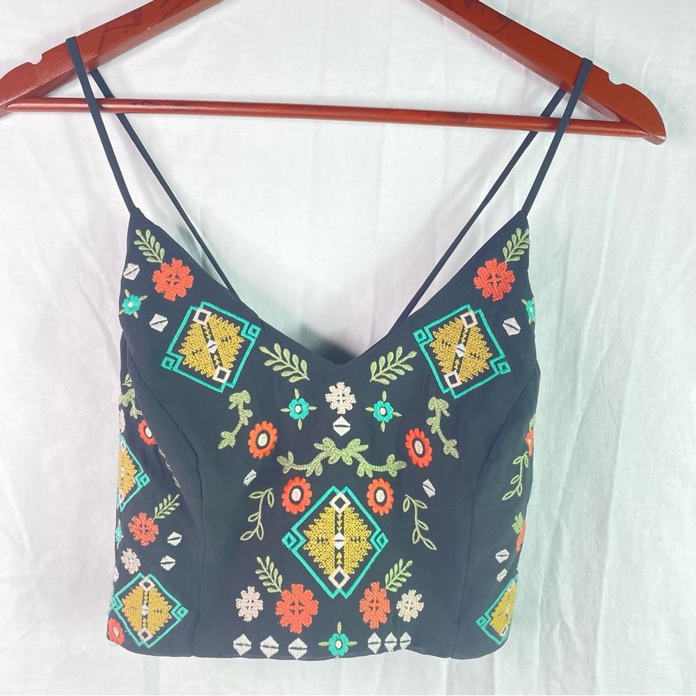 Xhilaration Smock Tank Top Floral Embroidered Bralette Boho Hippie Size L Black